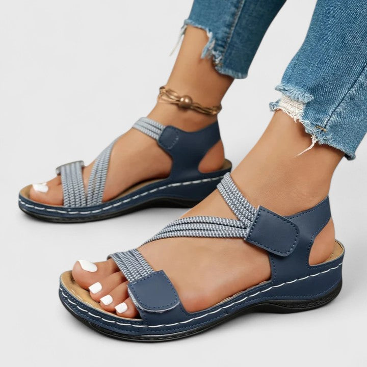 Open Toe Platform Criss Cross Hook Loop Textured Sandals