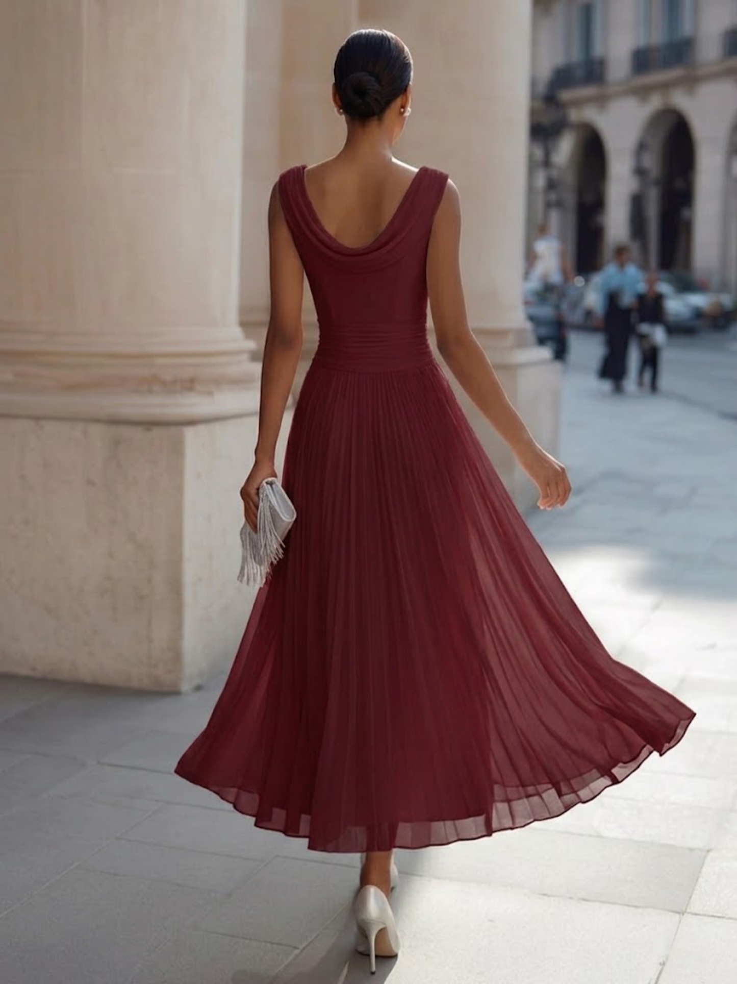 Draped Neck Sleeveless Pleated Midi Dress