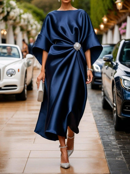Draped Gathered Wide Midi Crew Loose Dress