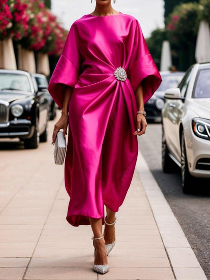 Draped Gathered Wide Midi Crew Loose Dress