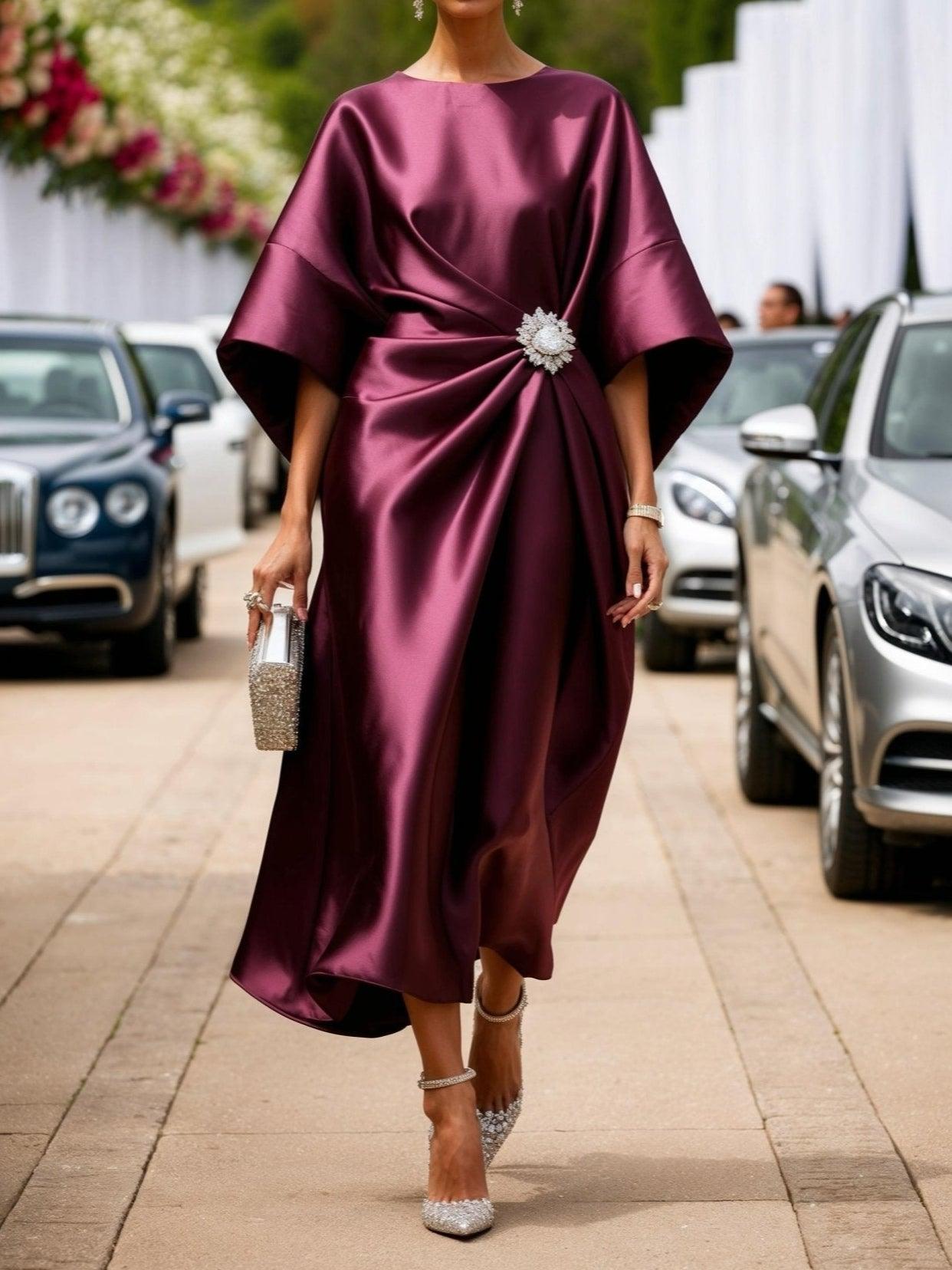 Draped Gathered Wide Midi Crew Loose Dress