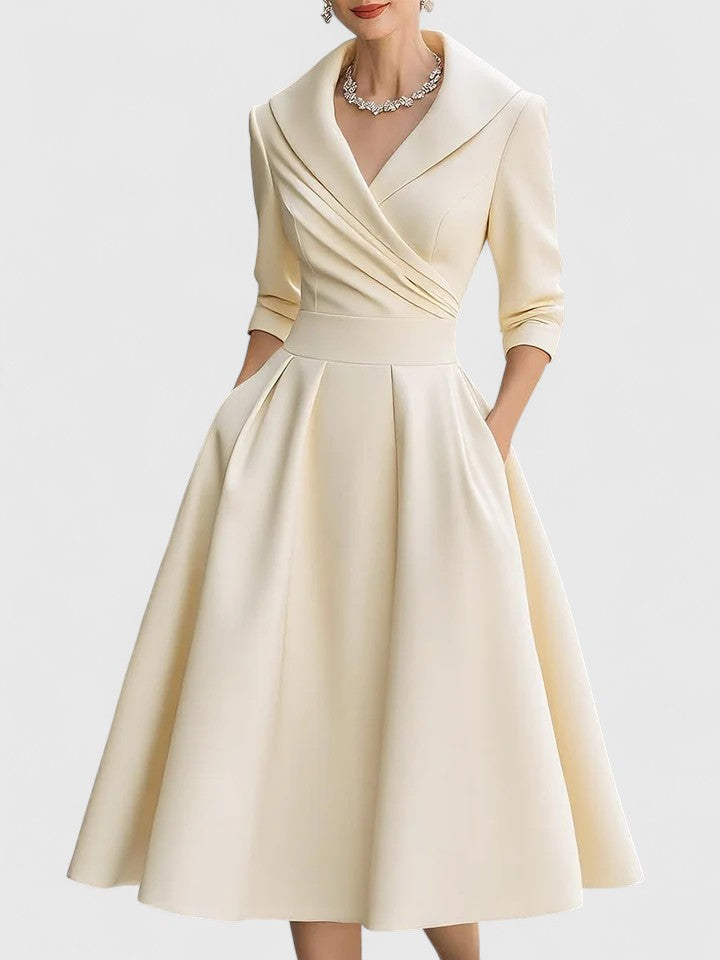 Folded Wrapped Banded Pleated Flared Midi Dress