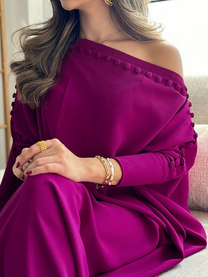 Button Trim Asymmetric Off Shoulder Slit Maxi Dress