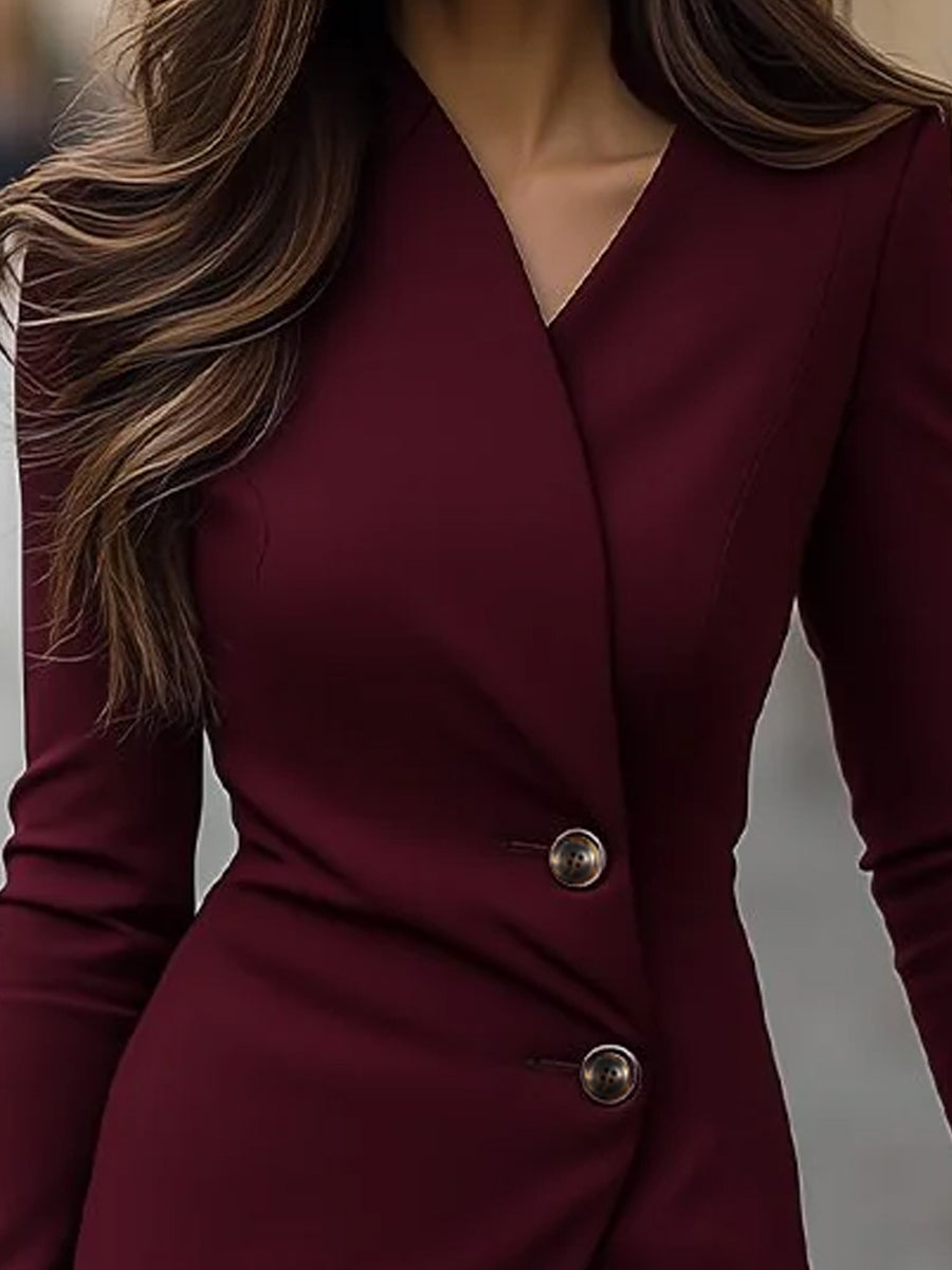 Long Sleeved V Neck Buttoned Overlap Dress
