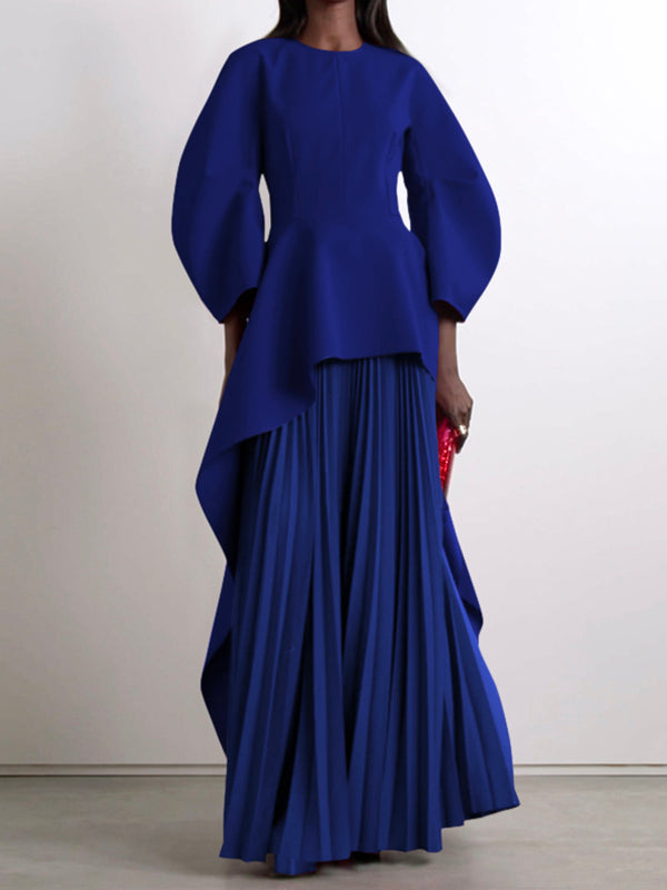 Long Sleeves Loose Pleated Tiered Round-Neck Maxi Dress