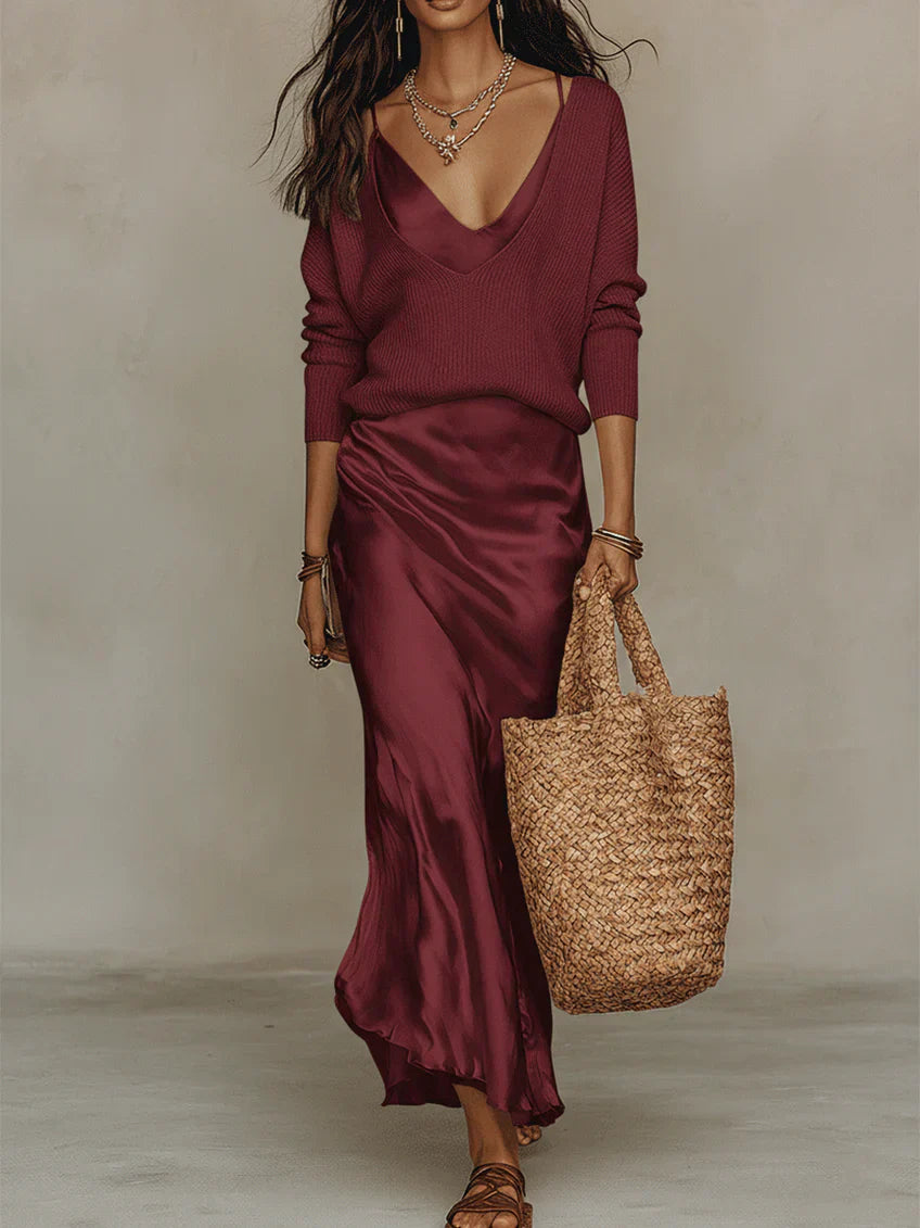 Draped Deep V Neck Maxi Dress