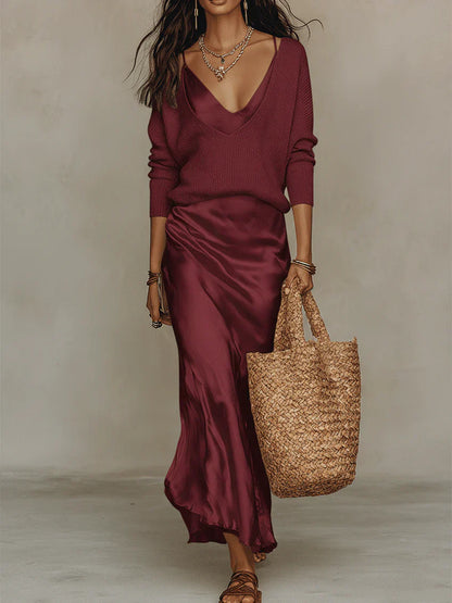 Draped Deep V Neck Maxi Dress