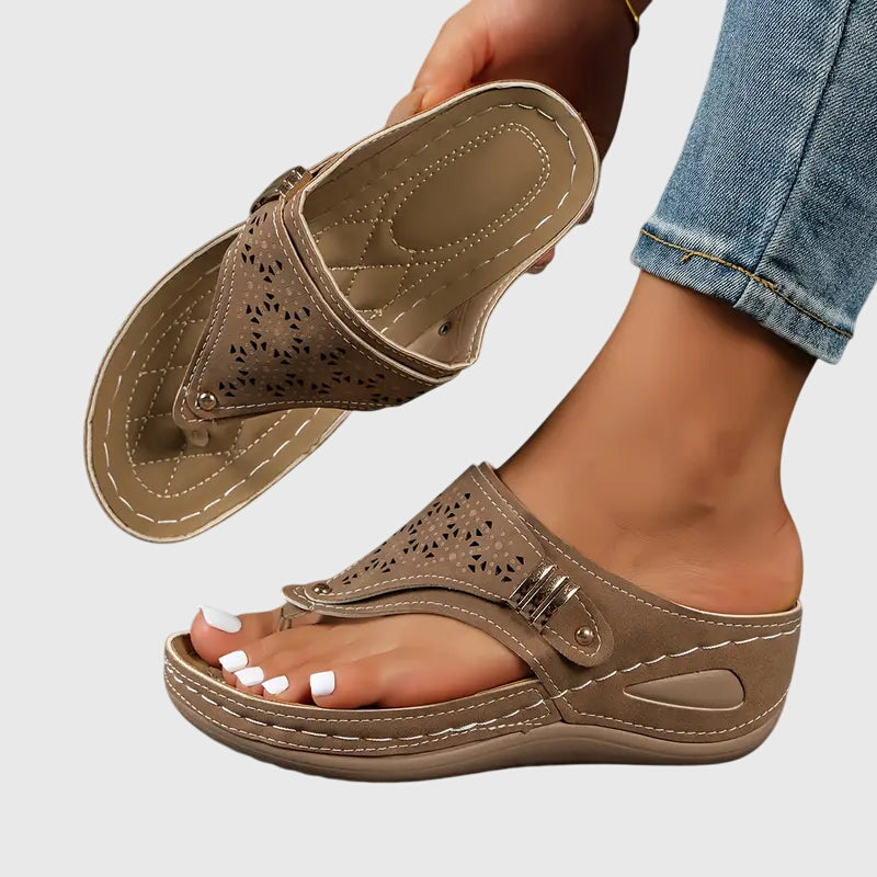 Open Toe Perforated Wedge Slip On Sandals