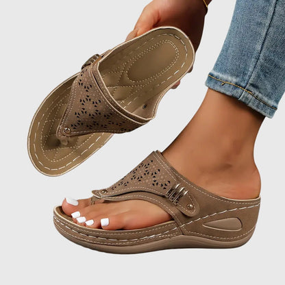 Open Toe Perforated Wedge Slip On Sandals