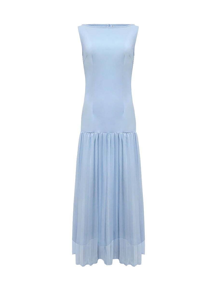 Pleated Sleeveless Boat Neck Maxi Drop Waist Dress