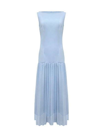Pleated Sleeveless Boat Neck Maxi Drop Waist Dress