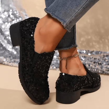 Sequined Round Toe Low Block Loafers