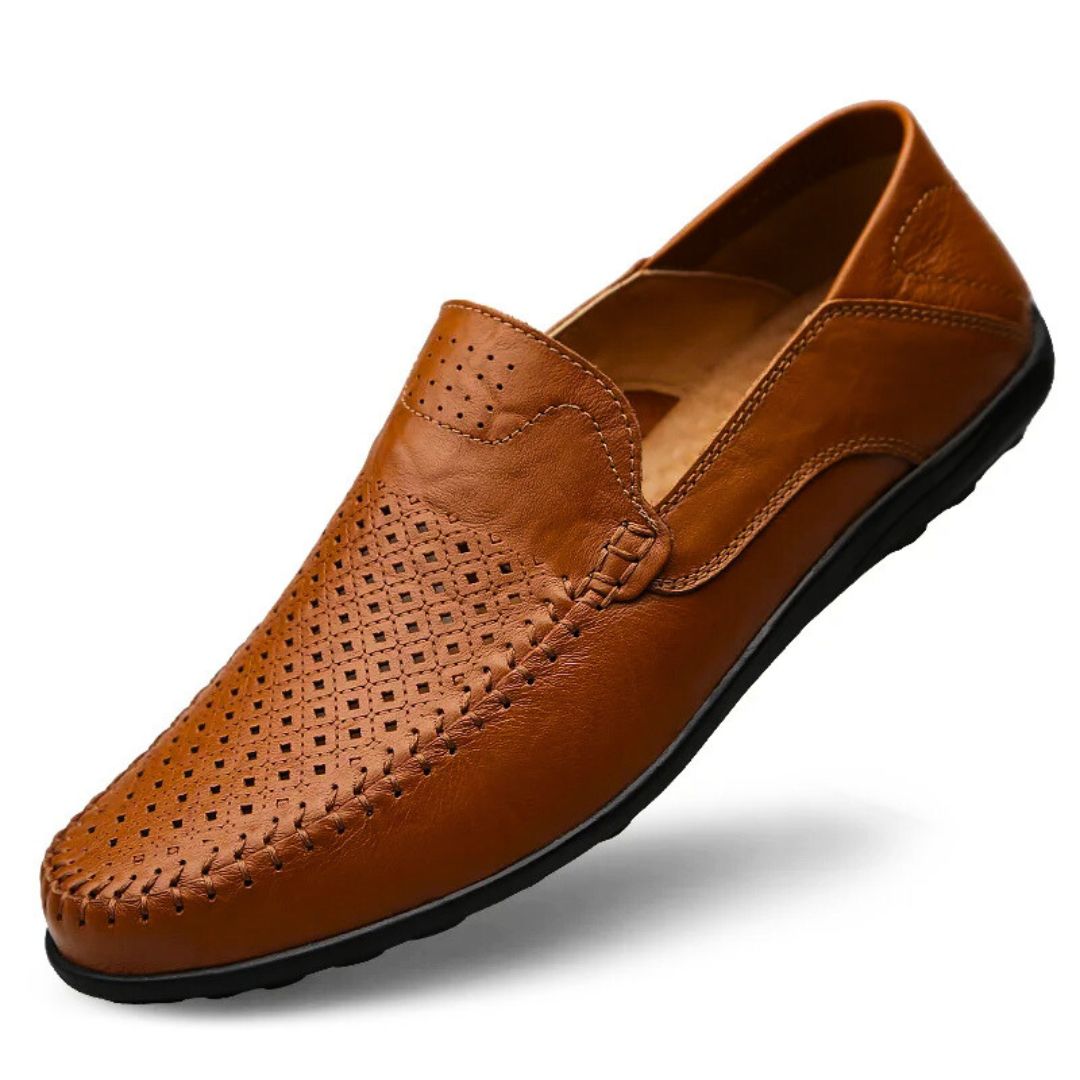 Perforated Stitched Paneled Low Flat Slip On Loafer