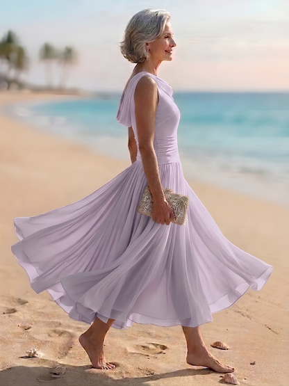 Draped Neck Sleeveless Pleated A-Line Wedding Guest Midi Dress