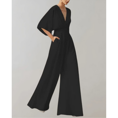 Wide Leg V Neck Flutter Sleeve Jumpsuit
