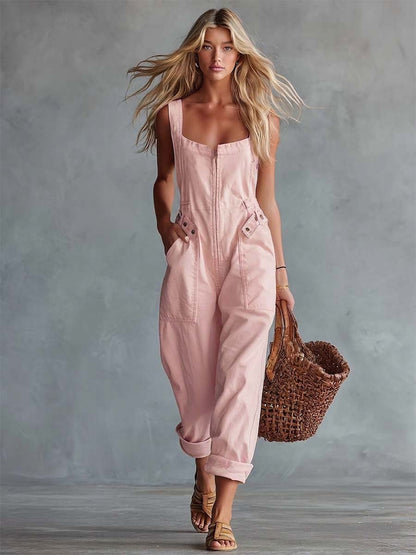 Sleeveless Square Zippered Belted Pocketed Relaxed Jumpsuit
