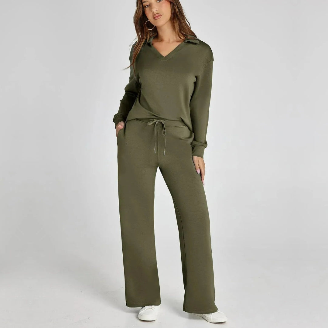 Women's V-Neck Long Sleeve Loungewear Set with Wide Leg Trousers