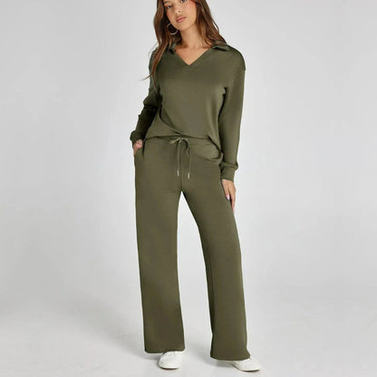 Women's V-Neck Long Sleeve Loungewear Set with Wide Leg Trousers