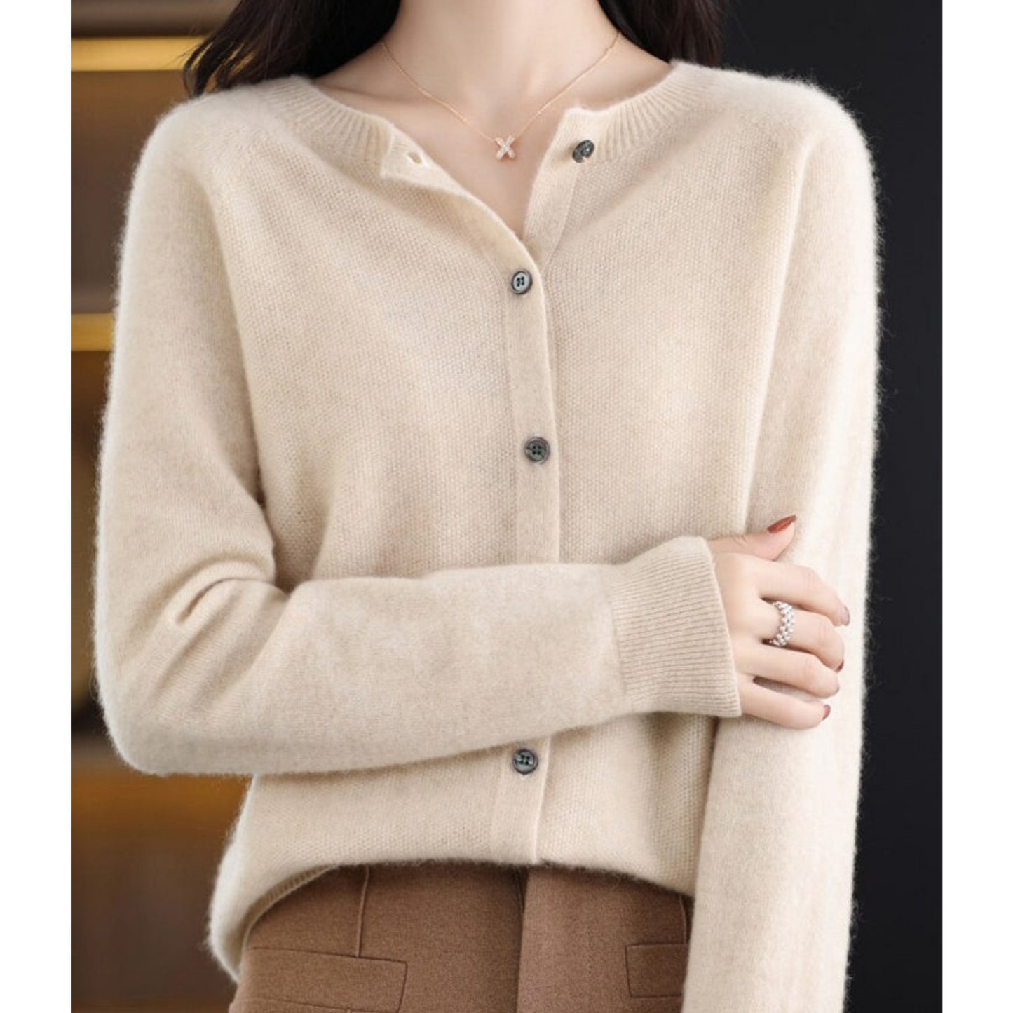 Round Buttoned Ribbed Cuffed Relaxed Cardigan