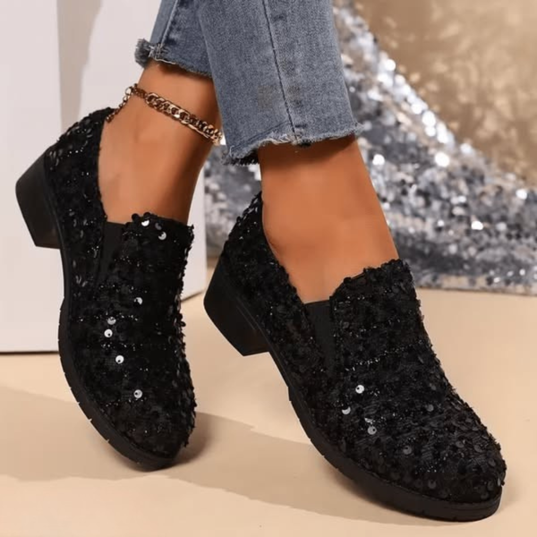 Sequined Round Toe Low Block Loafers