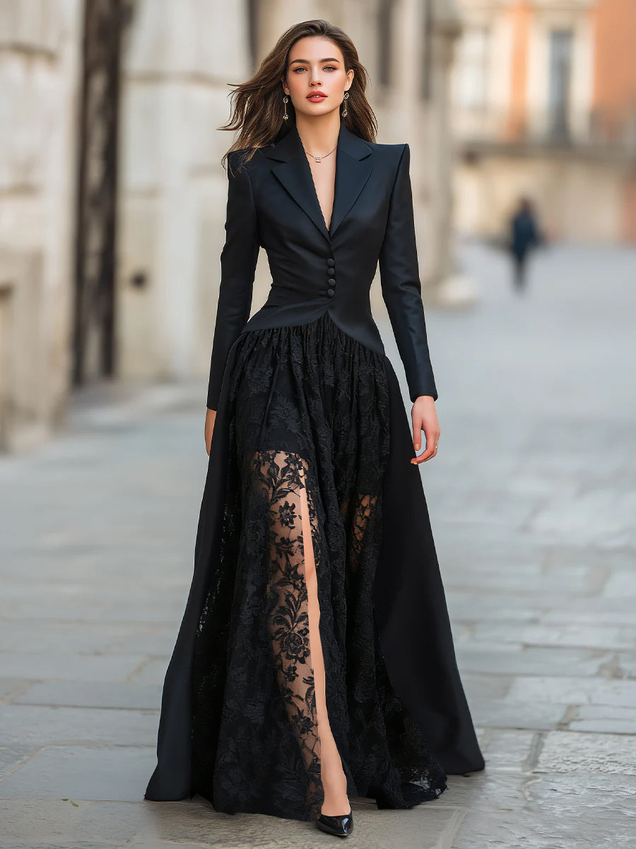 Notched Lapel Buttoned Long Sleeve Dress