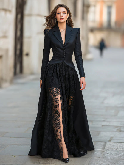 Notched Lapel Buttoned Long Sleeve Dress