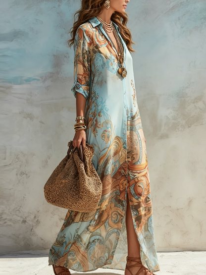 Long Collared Buttoned Loose Printed Straight Dress