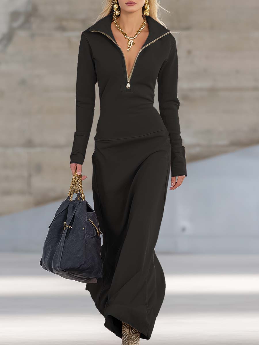 Zippered Collar Long Sleeved Maxi Fitted Dress