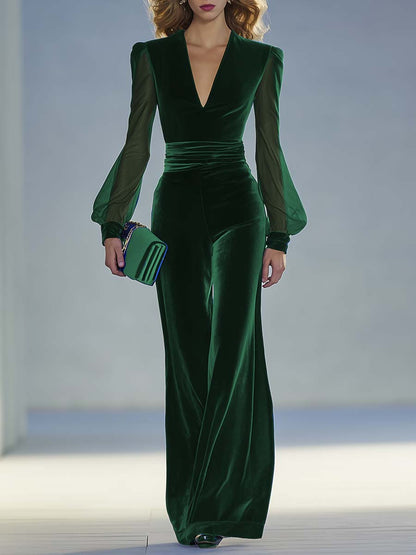 Plunging Fitted Ruched Long Puffed Wide Jumpsuit