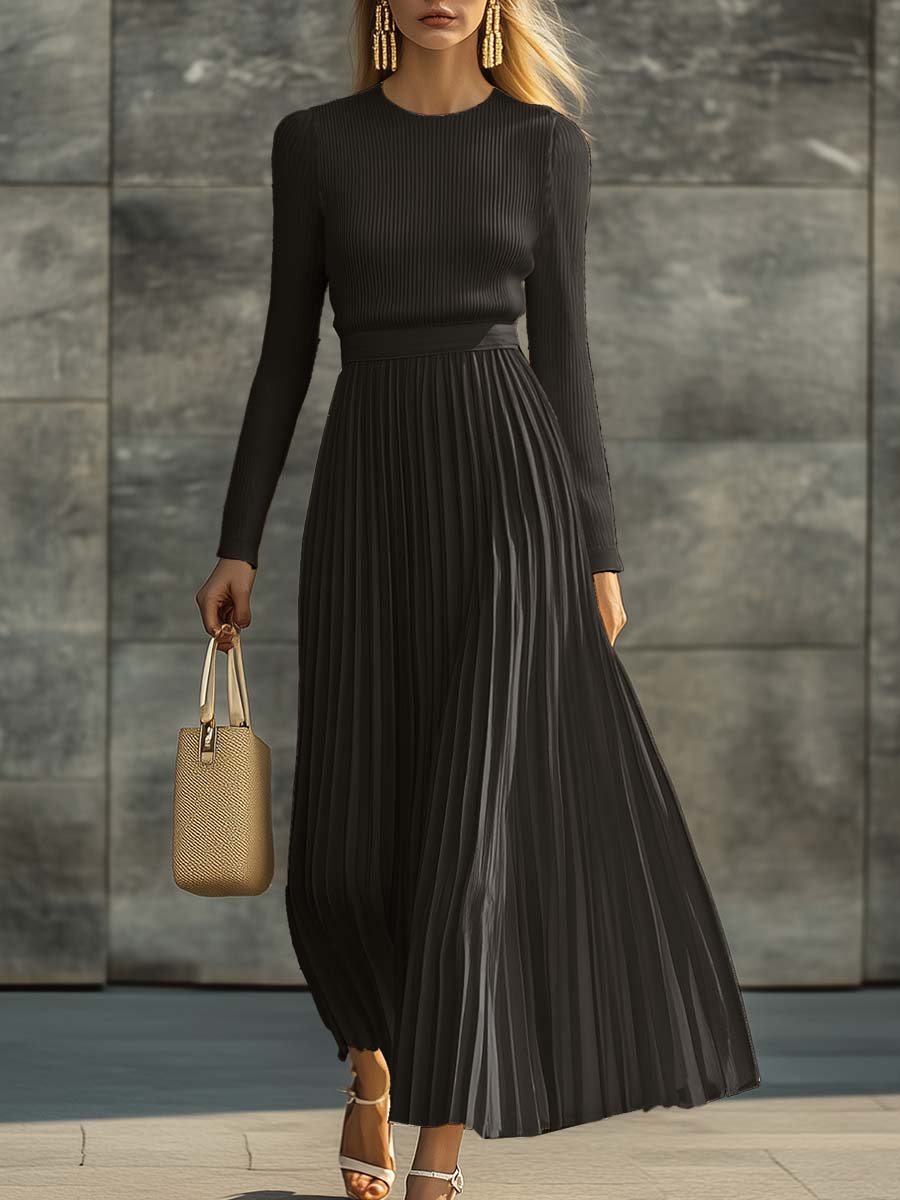 Long Round Neck Knitted Pleated Maxi Dress