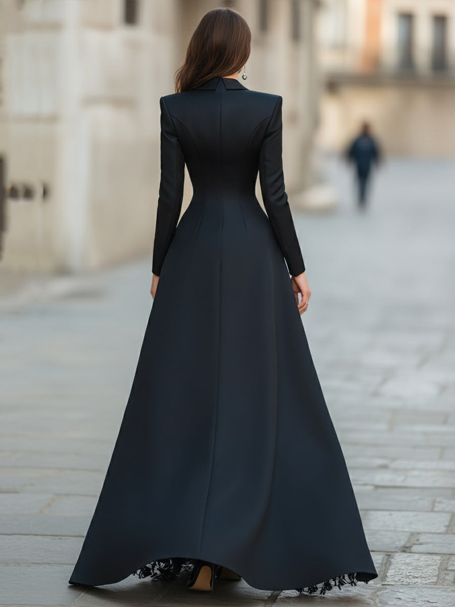 Notched Lapel Buttoned Long Sleeve Dress