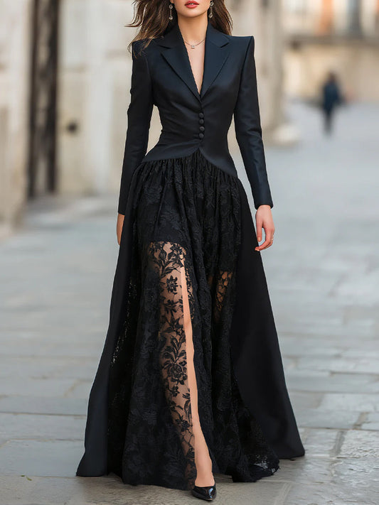 Notched Lapel Buttoned Long Sleeve Dress