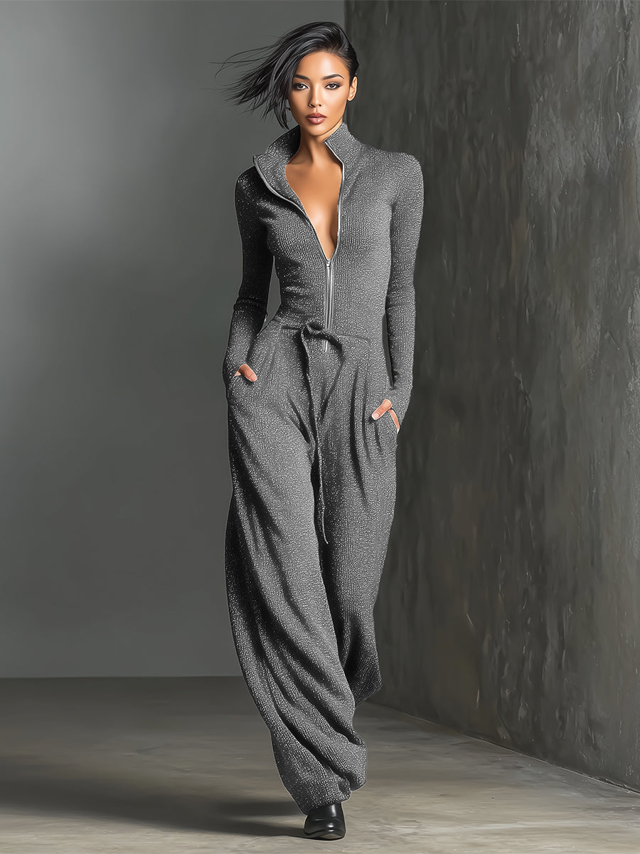Zippered High Neck Long Sleeve Wide Leg Jumpsuit
