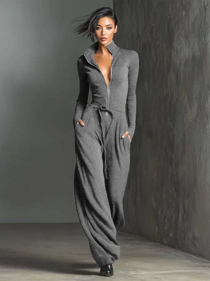 Zippered High Neck Long Sleeve Wide Leg Jumpsuit