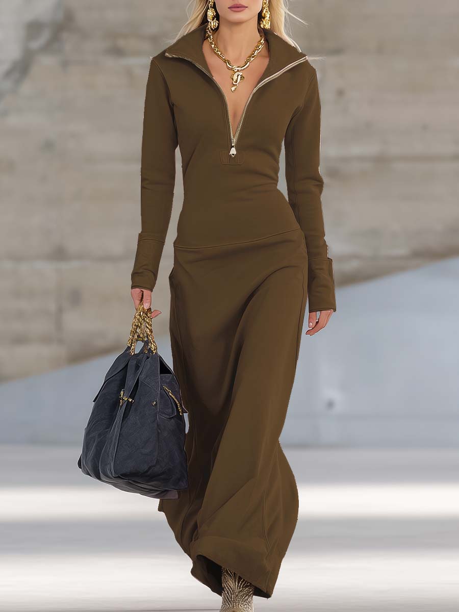 Zippered Collar Long Sleeved Maxi Fitted Dress