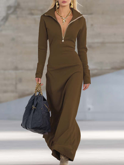 Zippered Collar Long Sleeved Maxi Fitted Dress