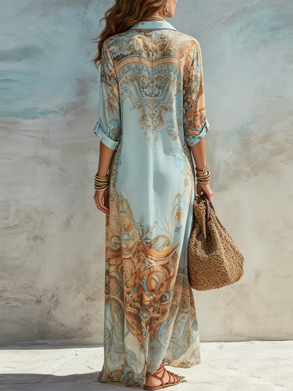 Long Collared Buttoned Loose Printed Straight Dress