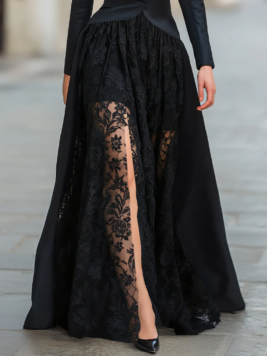 Notched Lapel Buttoned Long Sleeve Dress