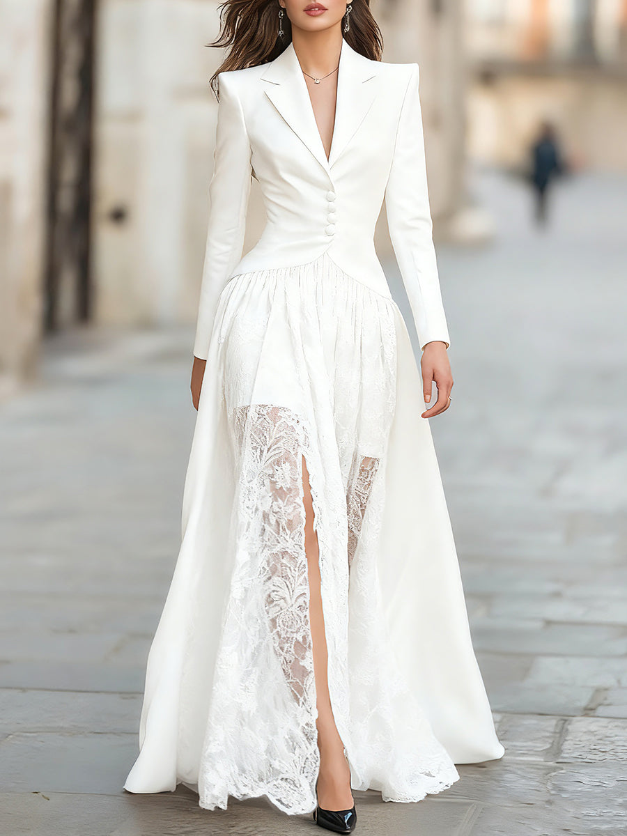 Notched Lapel Buttoned Long Sleeve Dress