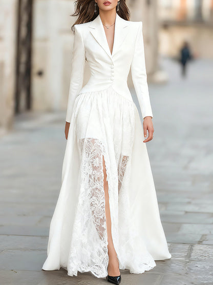 Notched Lapel Buttoned Long Sleeve Dress