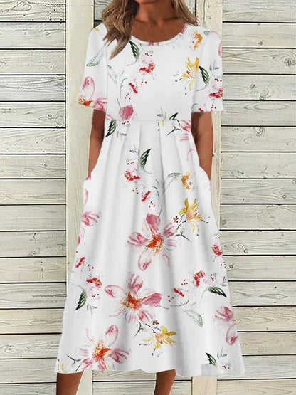 Floral Printed Rounded Gathered Flared Dress