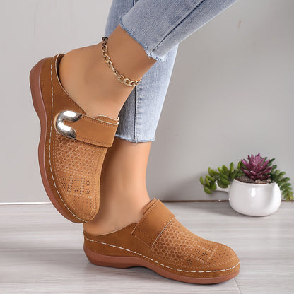 Round Closed Perforated Backless Stitched Buckled Sandals