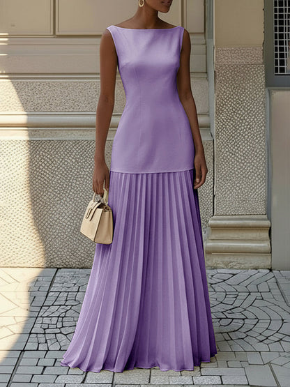 Pleated Sleeveless Boat Neck Maxi Drop Waist Dress