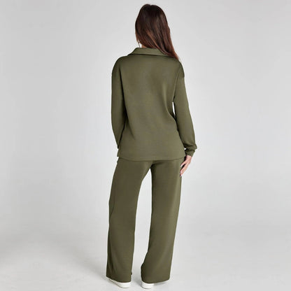 Women's V-Neck Long Sleeve Loungewear Set with Wide Leg Trousers
