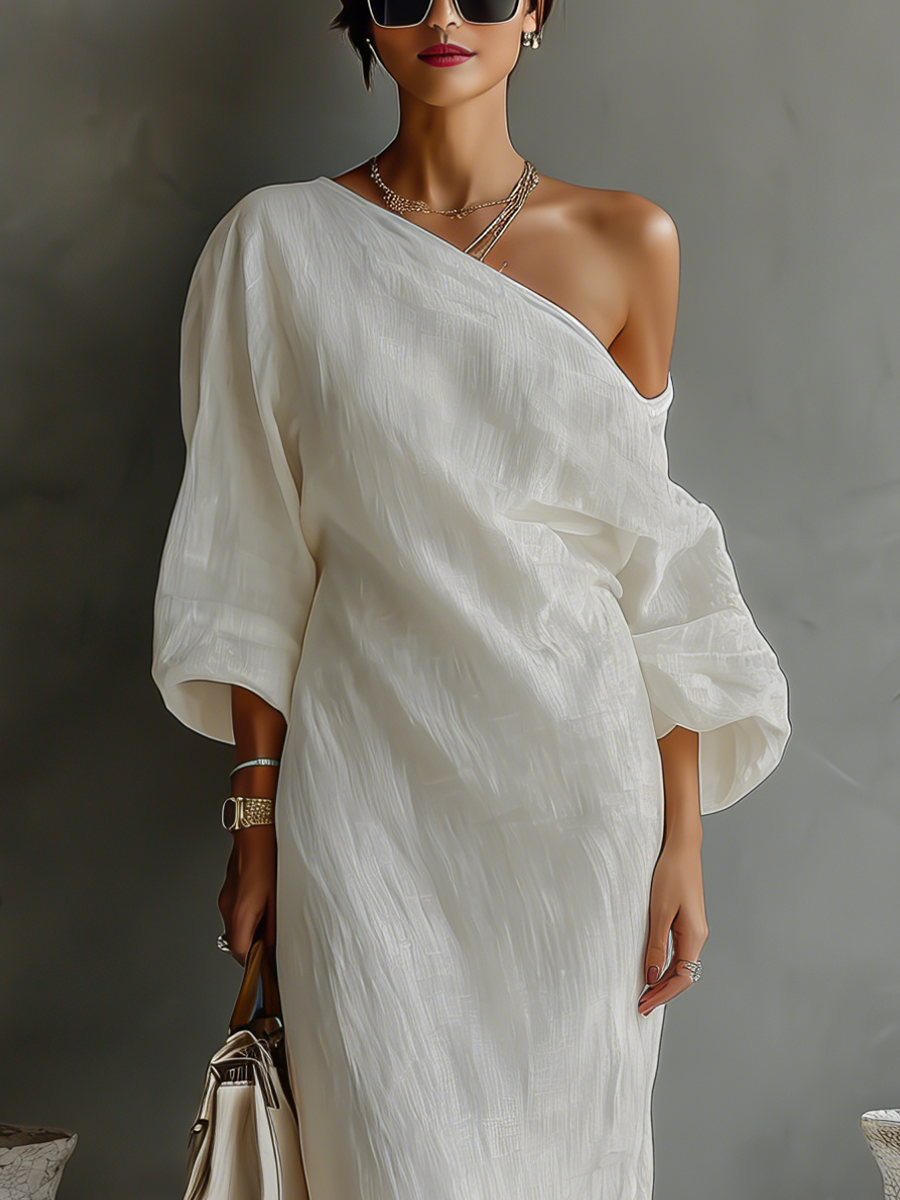 Off Shoulder Puff Sleeve Straight Dress