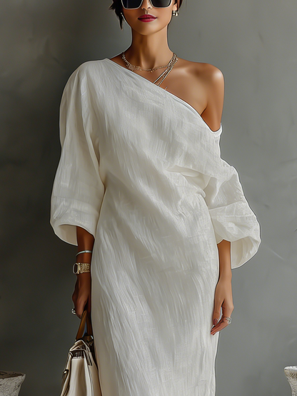 Off Shoulder Puff Sleeve Straight Dress