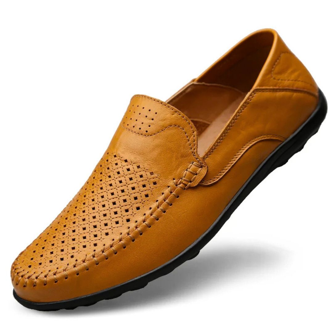 Perforated Stitched Paneled Low Flat Slip On Loafer