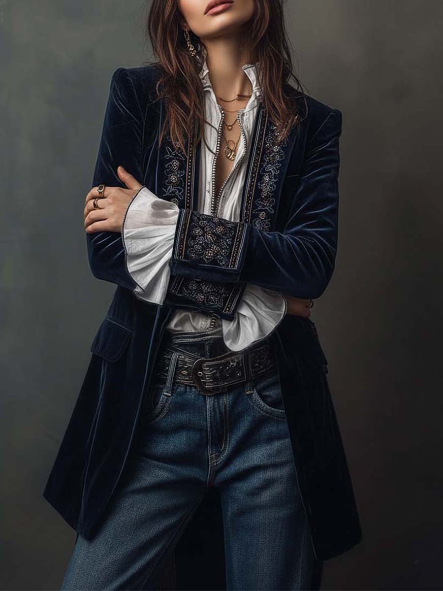 Women's Embroidered Tailored Fit Long Sleeve Blazer Jacket