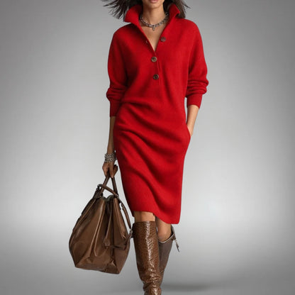 Button Collar Long Sleeve Knit Midi Dress