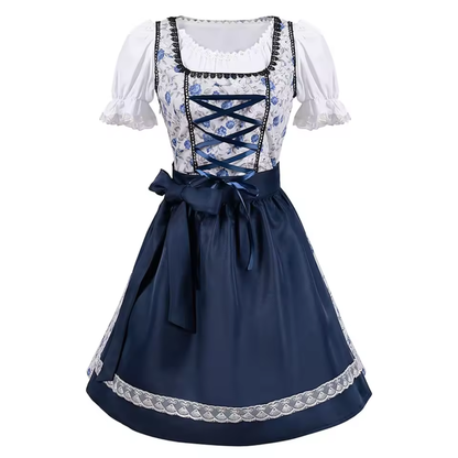 Women's Square Neck Puff Sleeve Lace-Up Floral Midi Dirndl Dress